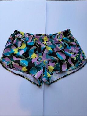 Floral Athletic/swim Shorts in Black with Teal, Yellow & Lavender